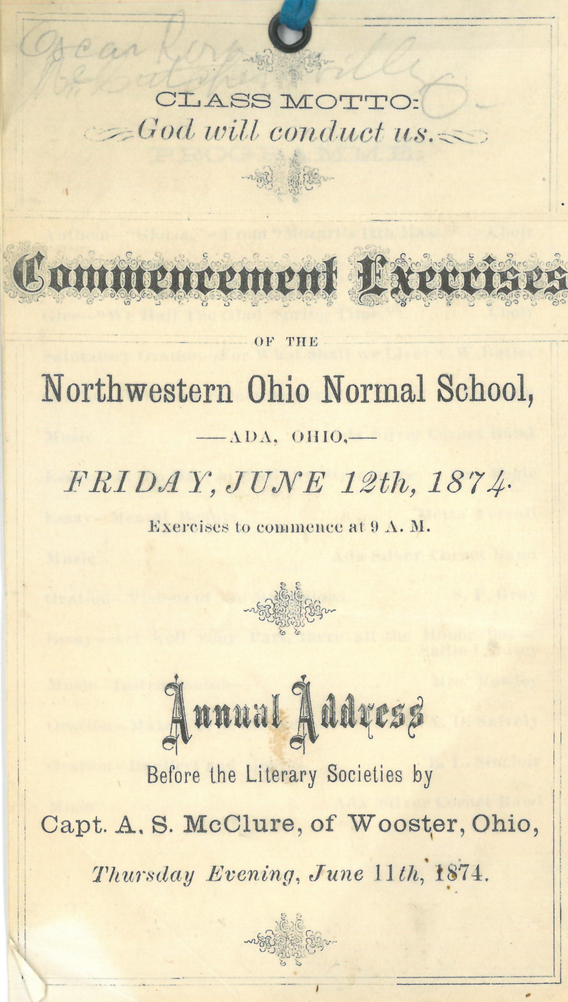 Program cover for ONU’s first commencement in 1874.