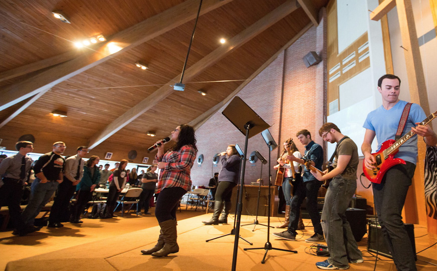 Photo of a religious service band playing music