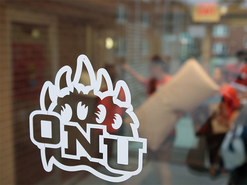 Photo of ONU logo on glass