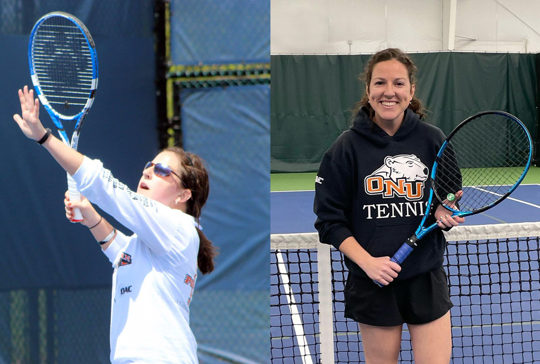 Photo of Meghan Sorensen when she was in tennis for ONU and a recent photo