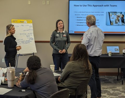 Photo of the classroom with 2 people at a clipboard