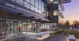 Photo of James Lehr Kennedy Engineering Building at dusk