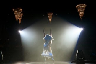 A performer on stage at Ohio Northern University's 2020 Rubi Affair event.